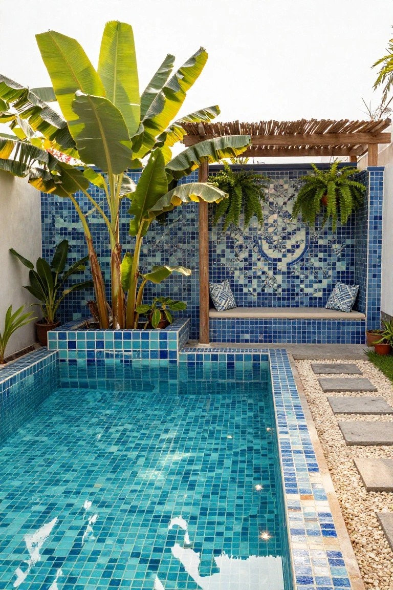 Small turquoise mosaic-tiled pool next to a white wall featuring blue mosaic tile artwork and a built-in bench with blue cushions, surrounded by banana plants, ferns, and a thatched pergola.