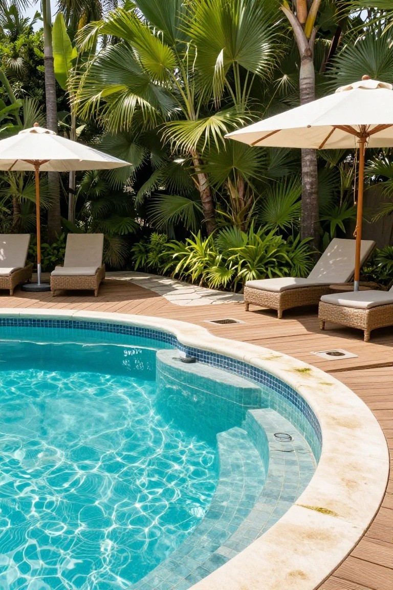 Curved turquoise pool with light blue mosaic tiles and beige stone edging, surrounded by brown wooden deck with beige rattan lounge chairs under white umbrellas and lush tropical plants in the background.
