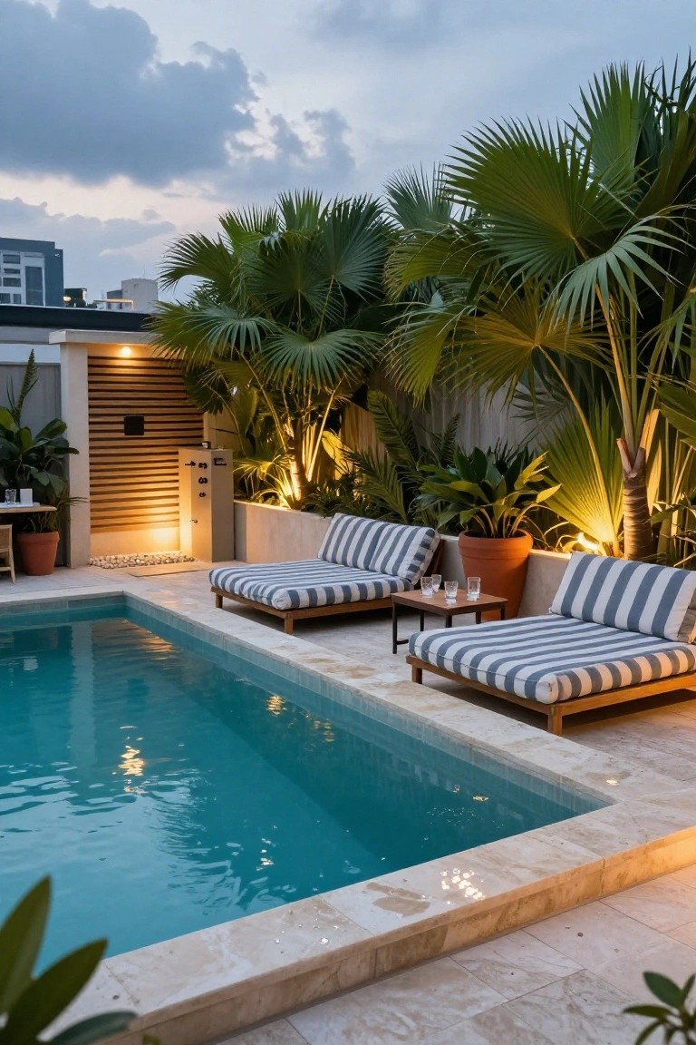 Outdoor pool with turquoise water edged in beige tile, two wooden loungers with blue and white striped cushions, a small wooden side table with glasses, tropical plants, and uplighting against a wooden shower wall at dusk.