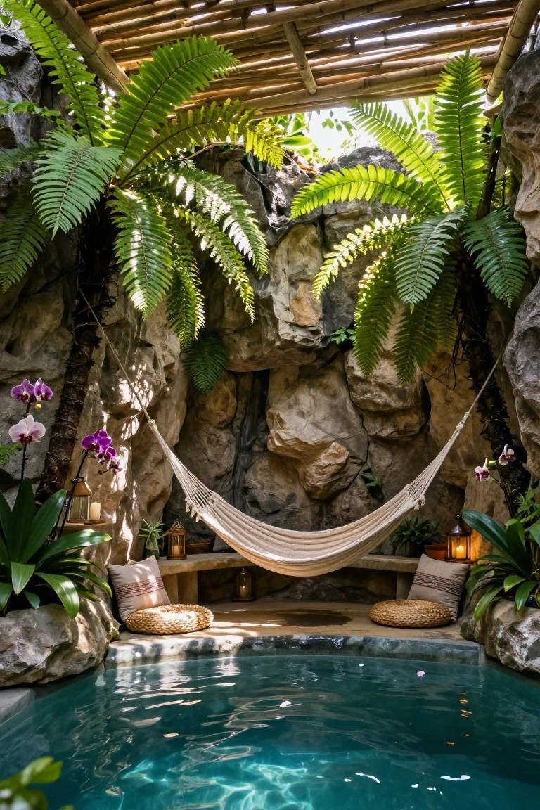 Small turquoise pool nestled in rocky cave-like walls overgrown with green ferns and purple orchids, featuring a beige hammock hanging between rocks, stone benches with cushions, woven stools, and hanging lanterns.