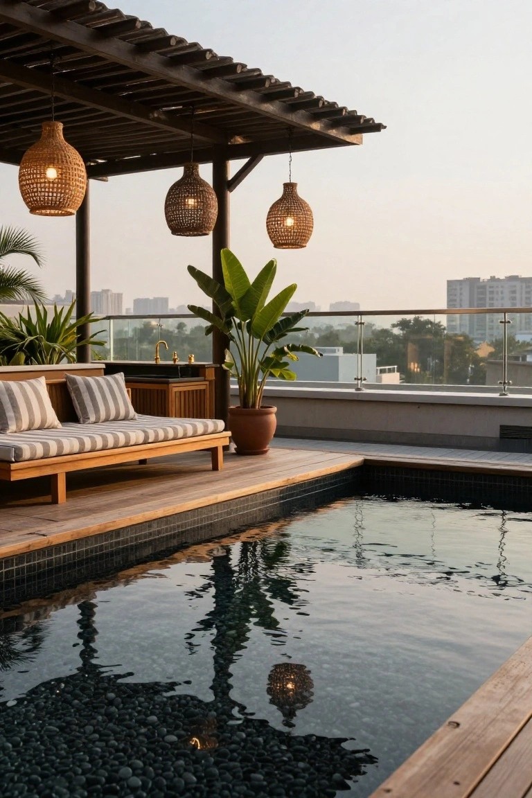 Rooftop terrace with rectangular black-tiled pool and pebble bottom, wooden deck platform with striped daybed lounger, potted banana plant, built-in sink counter, hanging rattan lanterns from pergola, glass railing, and distant city buildings at dusk.