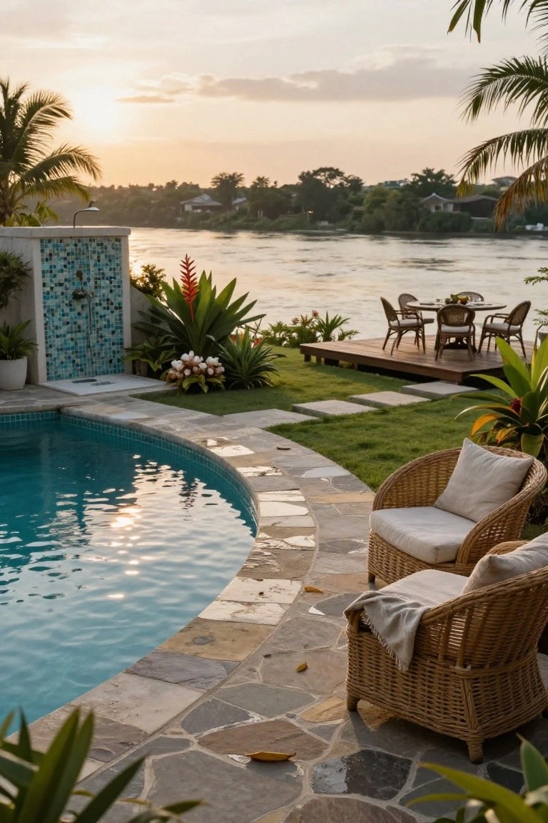 Curved turquoise pool edged by irregular tan and gray natural stone pavers, flanked by potted plants, red ginger flowers, blue mosaic-tiled outdoor shower wall, two rattan lounge chairs with white cushions and gray throw blanket, grass lawn, and distant wooden dock with dining table beside a river under sunset sky.