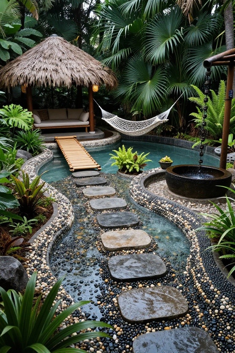 Tropical outdoor pool area featuring a curved shallow pool with large flat stepping stones forming a path across it, edged in pebbles and plants, leading to a thatched gazebo with cushions, hammock, and a nearby bamboo bridge.