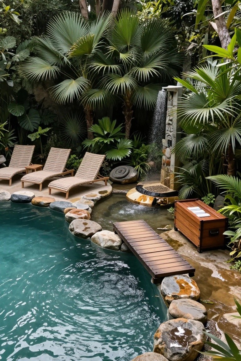 Turquoise pool edged with large irregular boulders and rocks, featuring a cascading waterfall from a carved stone wall, a wooden bridge walkway, rattan loungers, and dense tropical foliage surrounding the area.