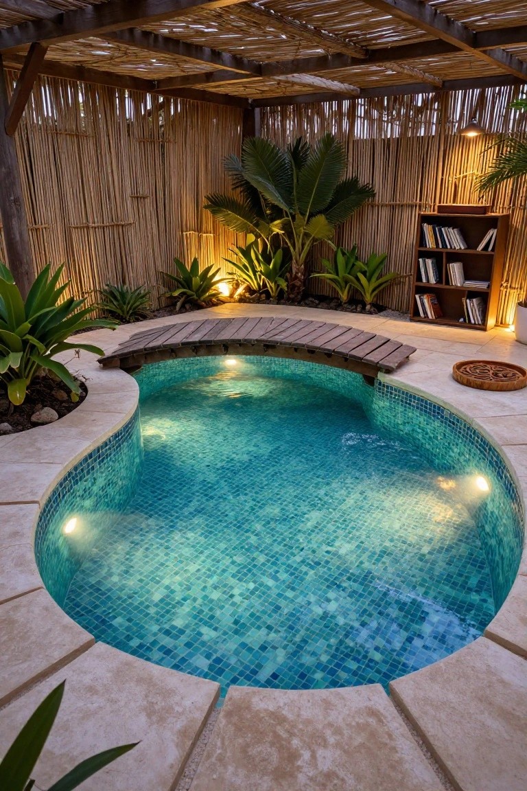 Curved turquoise mosaic-tiled plunge pool with wooden footbridge at one end, surrounded by bamboo fencing, tropical plants, and ground lighting in an outdoor enclosure.