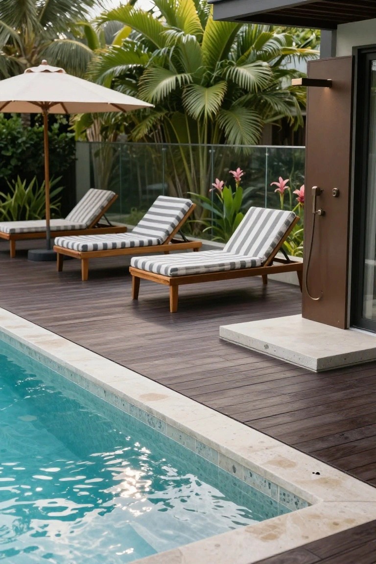 Turquoise-tiled pool edged in light stone with adjacent dark wood decking holding three wooden lounge chairs with white and gray striped cushions, a beige umbrella, tropical plants, glass fence, and bronze outdoor shower.