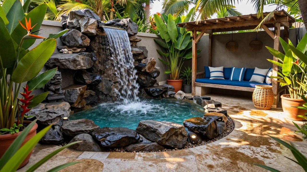 Curved turquoise pool with natural stone boulders around the edge and a small waterfall cascading into the water, surrounded by tropical plants, potted ferns, tiki statues, cushioned bench seating under a wooden pergola, and terracotta pots on a light stone patio.