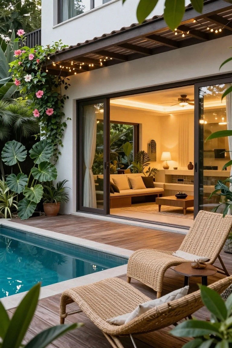 Wooden deck beside a rectangular blue pool with two rattan loungers and a side table, next to a white house with open sliding glass doors showing a beige living room with sofa, plants, and lamps, surrounded by large green leaves, pink flowers, and string lights overhead.