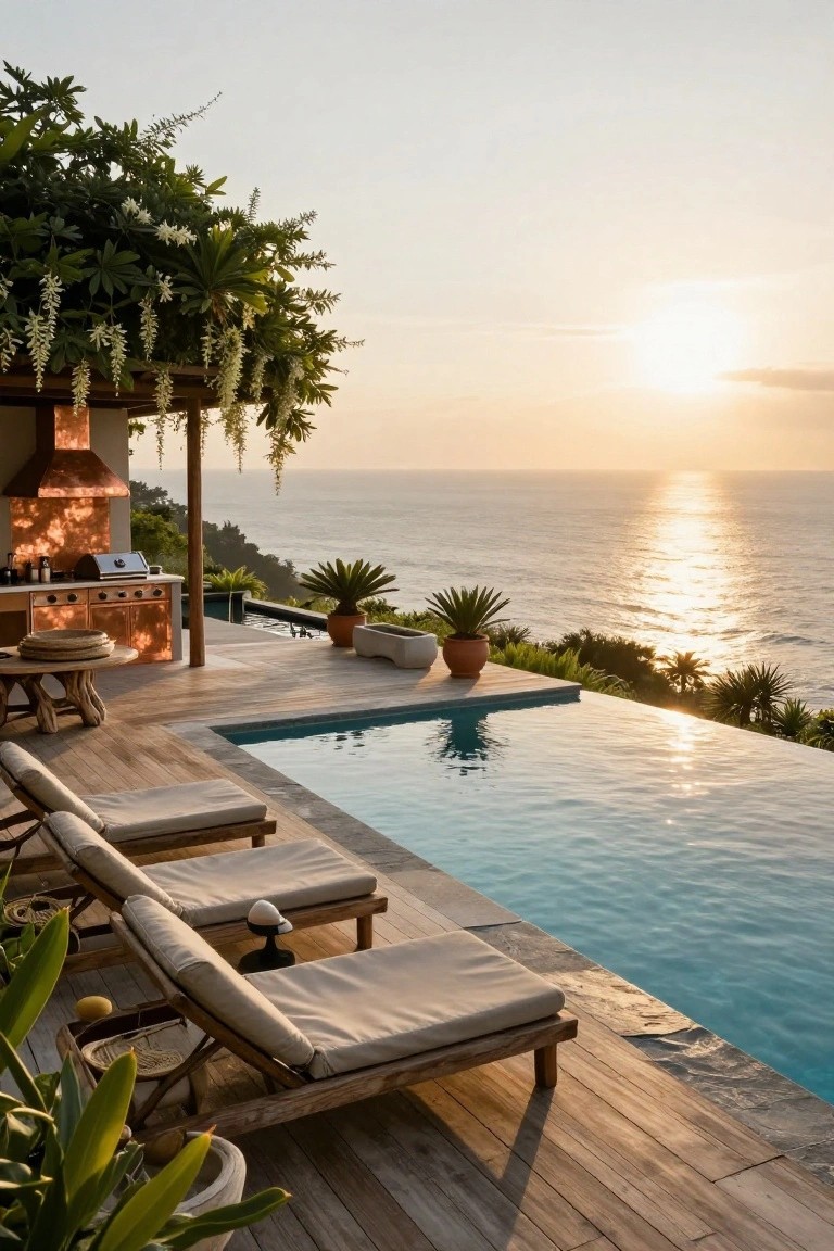 Wooden deck with infinity-edge turquoise pool overlooking the ocean at sunset, lounge chairs, potted tropical plants, and copper outdoor kitchen with grill.
