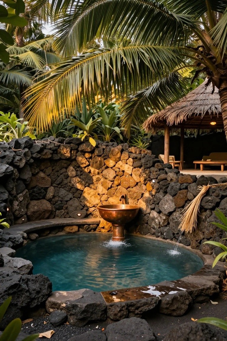 Small turquoise plunge pool edged and surrounded by stacked black lava rocks, with a copper basin fountain pouring water into it, tropical plants and palms nearby, and a thatched pavilion in the background.
