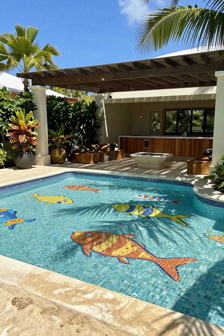 Turquoise infinity-edge pool with colorful mosaic fish tiles on the bottom, surrounded by tropical plants, a wooden pergola with bar area, lounge seating, and palm trees in a sunny outdoor setting.