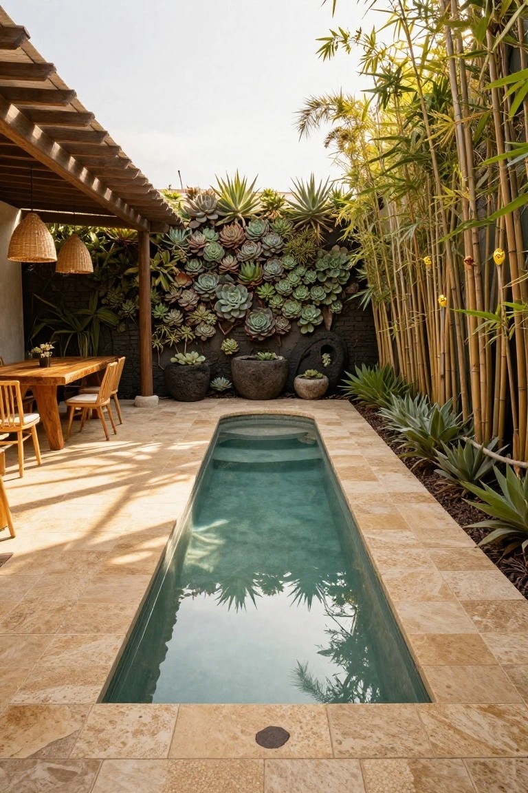 Narrow rectangular swimming pool in a tropical outdoor courtyard with wooden dining table and chairs under a pergola, surrounded by bamboo fencing, succulent wall garden, potted plants, and agave borders on travertine tiles.