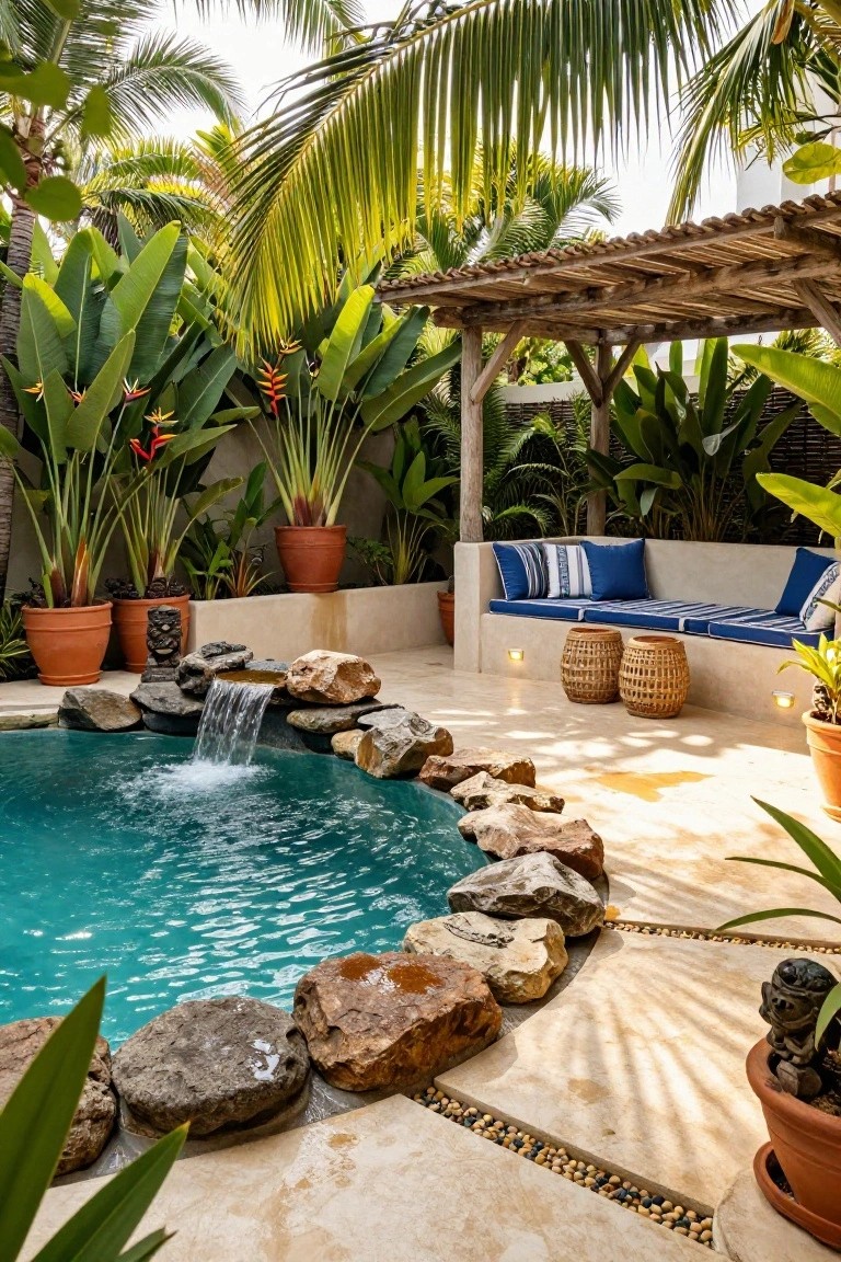 Curved turquoise pool with natural stone boulders around the edge and a small waterfall cascading into the water, surrounded by tropical plants, potted ferns, tiki statues, cushioned bench seating under a wooden pergola, and terracotta pots on a light stone patio.