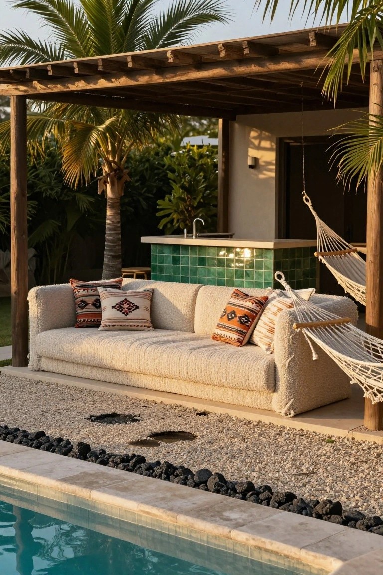 Wooden pergola covering an outdoor lounge area with a white bouclé sofa, colorful patterned pillows, hanging hammock, green-tiled bar counter with sink, gravel ground edged with black rocks, and edge of a blue swimming pool surrounded by palm trees.