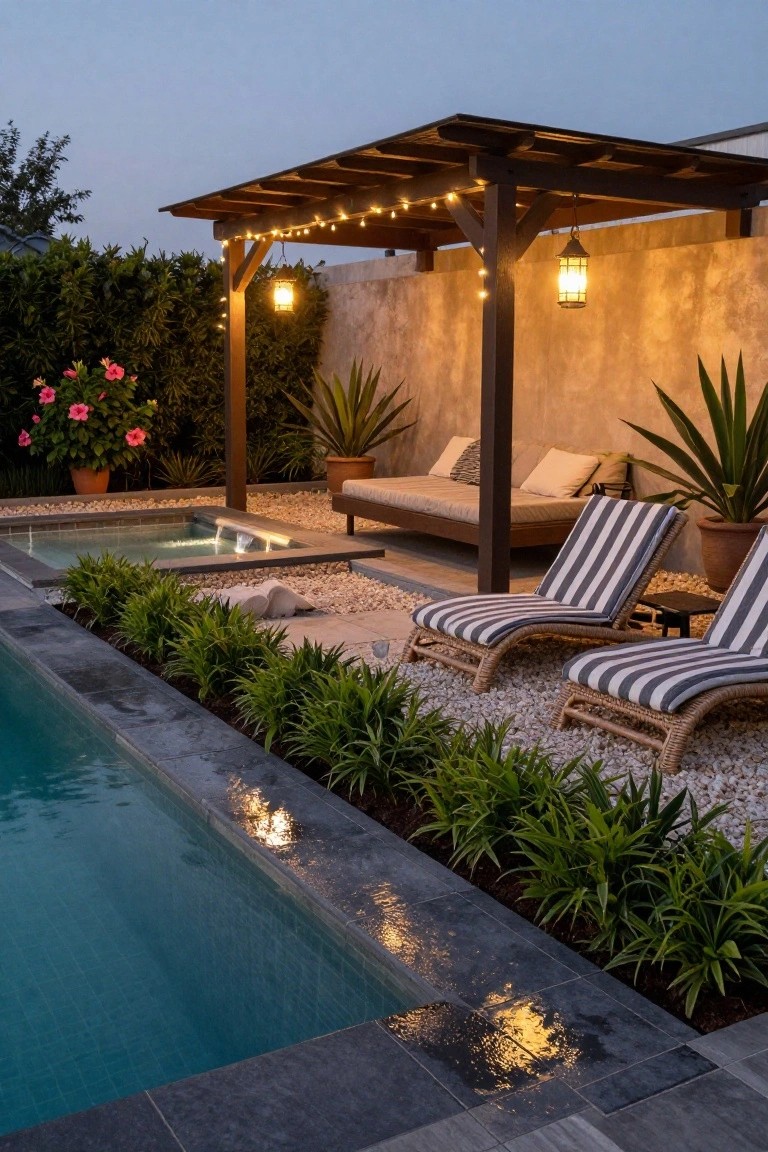 Wooden pergola with string lights and lantern shading a hot tub and striped lounge chairs next to a turquoise pool, surrounded by tropical plants and pebble ground at dusk.