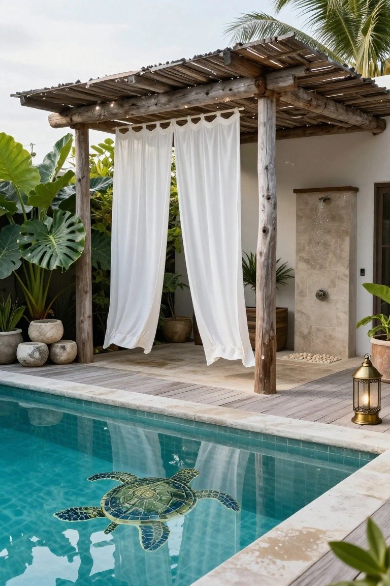 Rustic wooden pergola with slatted roof and white sheer curtains beside a turquoise pool featuring a sea turtle mosaic tile, adjacent stone outdoor shower, tropical plants in pots, and wooden decking.