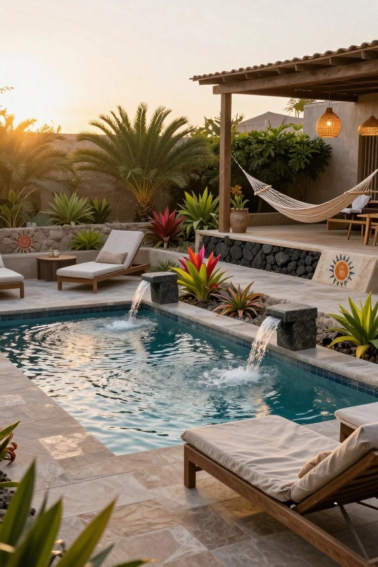 A small rectangular turquoise pool with two black stone block waterfalls cascading into it from the edge, surrounded by tropical plants including agaves and palms, lounge chairs, hammocks, and a wooden deck area at sunset.