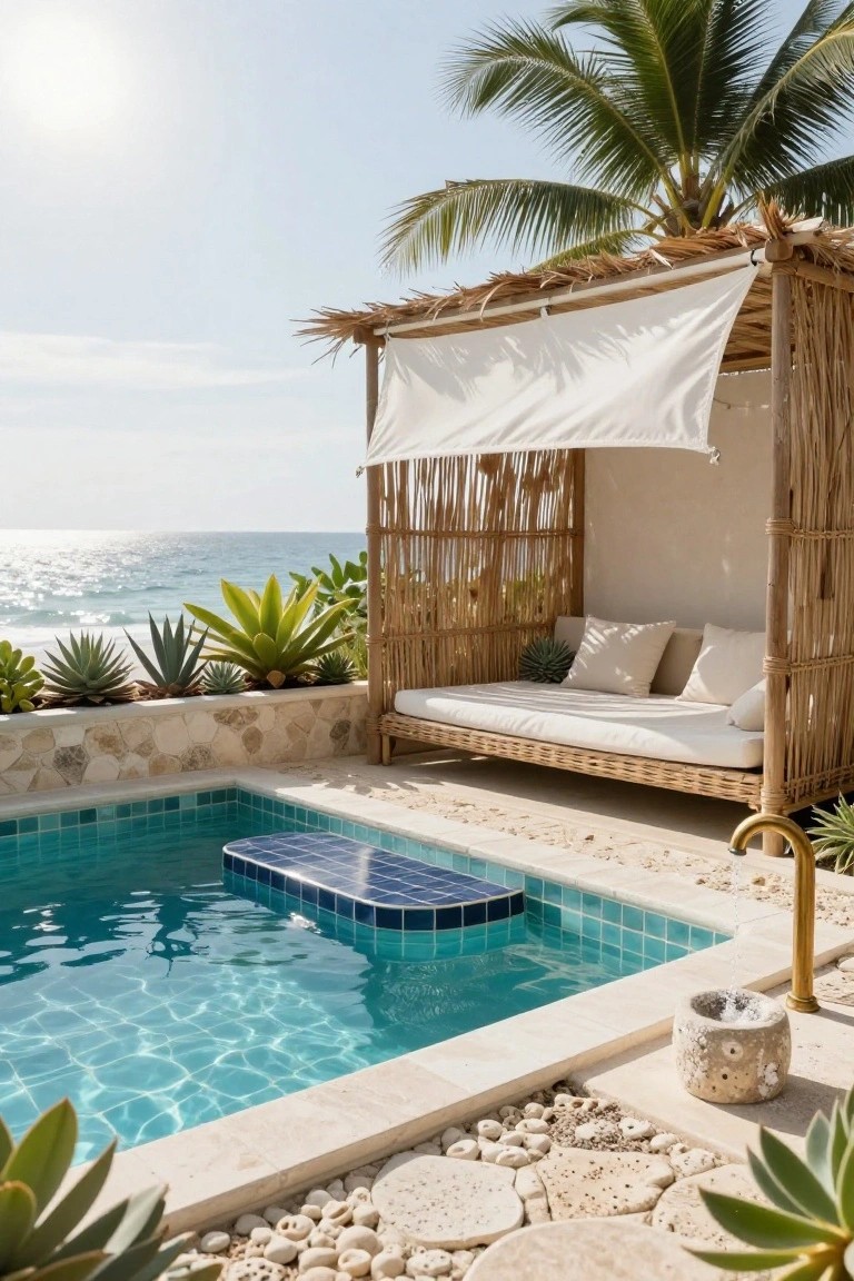 Turquoise tiled pool next to a bamboo cabana with white cushions on a daybed, tropical plants along pebble stone edging, and ocean view under partly cloudy sky.