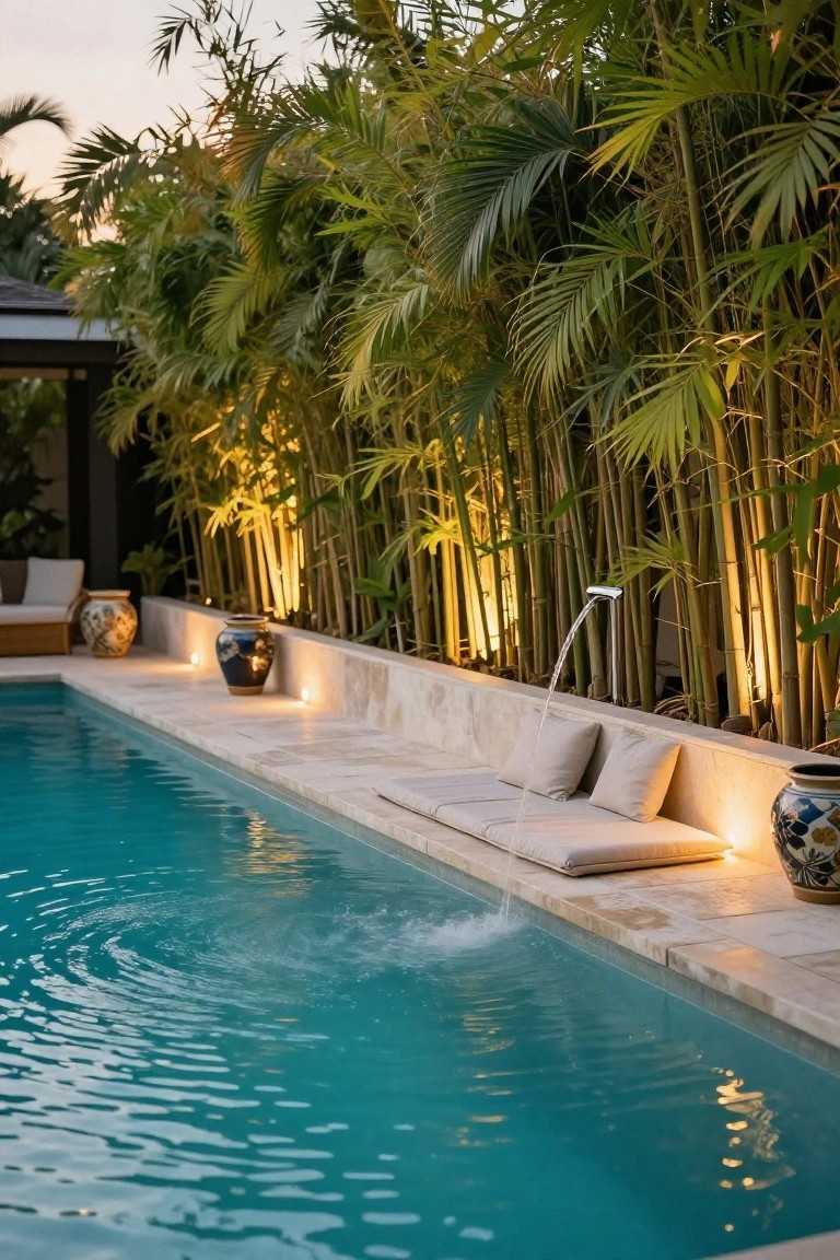 Long narrow pool with turquoise water and ripples from a wall-mounted water spout, beige cushioned bench on adjacent beige stone wall, uplighted bamboo and palm plants along the edge, and ceramic pots nearby.