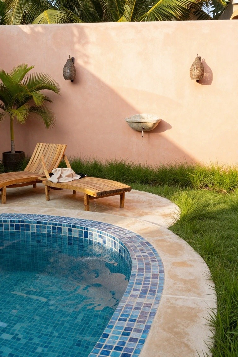 Curved blue mosaic-tiled pool edged with stone and grass, two adjacent teak wood chaise lounges with towel and bag, pink stucco wall with lanterns and wall fountain, potted palm tree, and tropical landscaping.