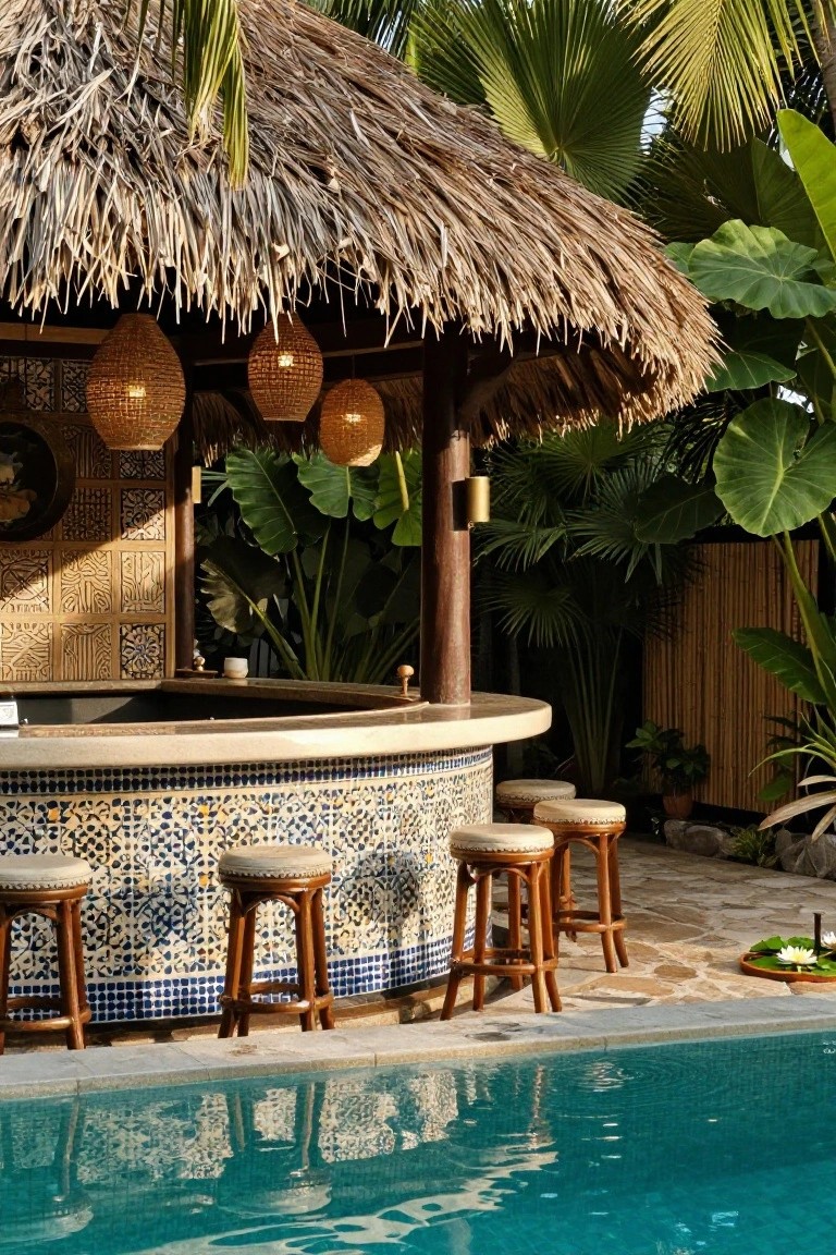 Thatched-roof bar with curved blue-and-white tiled counter and wooden stools positioned at the edge of a rectangular blue pool, surrounded by tropical plants and palms.