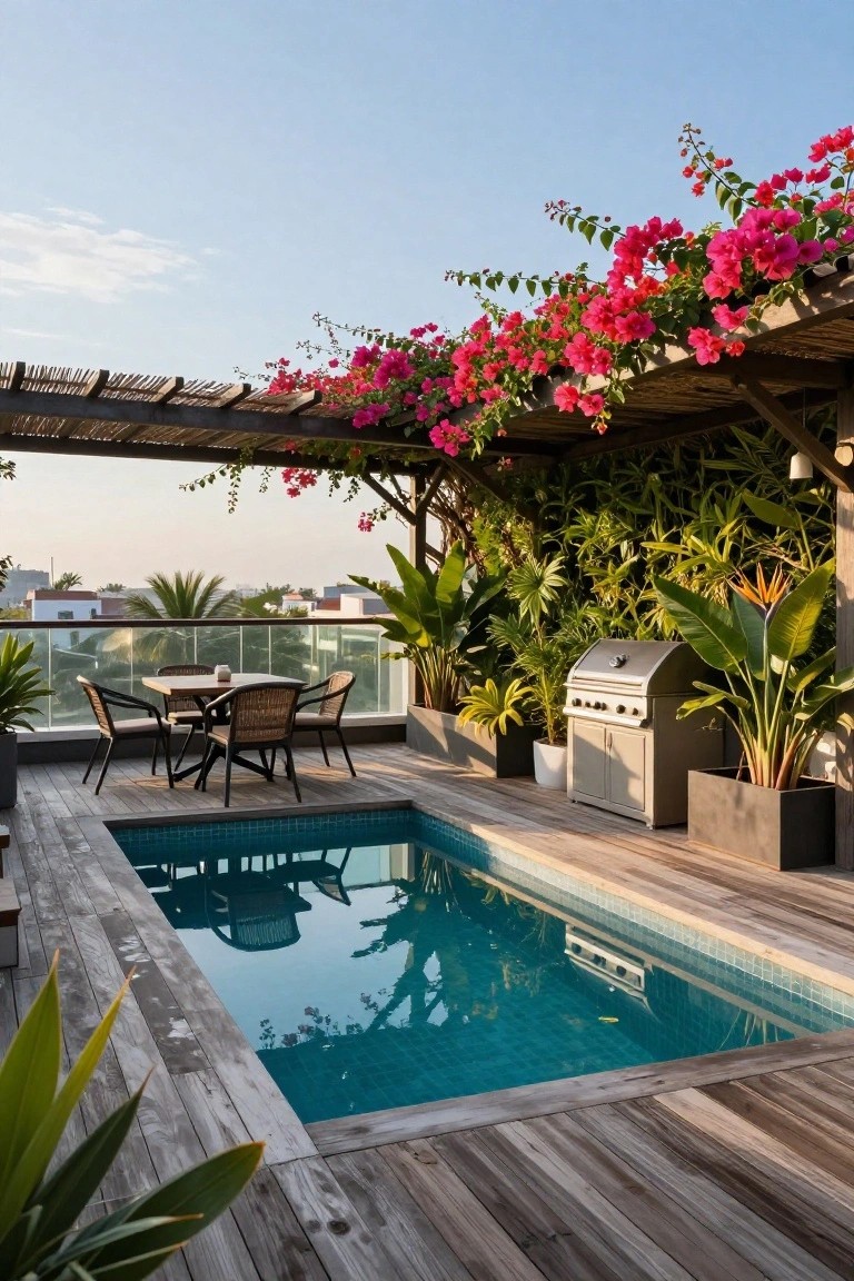 Rooftop terrace with a small rectangular turquoise-tiled plunge pool on wooden decking, surrounded by tropical plants, bougainvillea-covered pergola, outdoor dining table and chairs, and a barbecue grill.