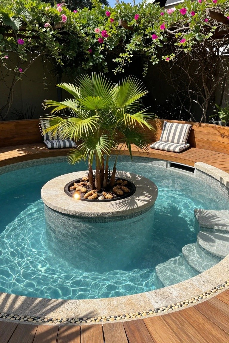 Circular turquoise mosaic-tiled pool with central raised stone planter containing a palm tree, rocks, and ginger plants, surrounded by wooden decking, curved benches with striped cushions, and pink bougainvillea vines on walls.