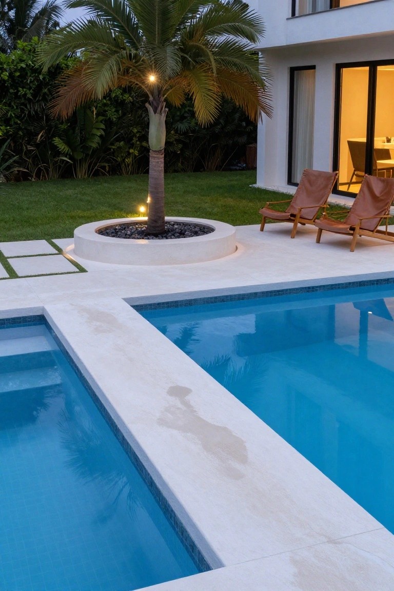 Blue infinity-edge swimming pool with light beige stone decking, two brown leather lounge chairs on the deck, circular stone planter with lit palm tree, lush tropical greenery hedge, and modern white house with glass doors and outdoor dining table in the background at dusk.