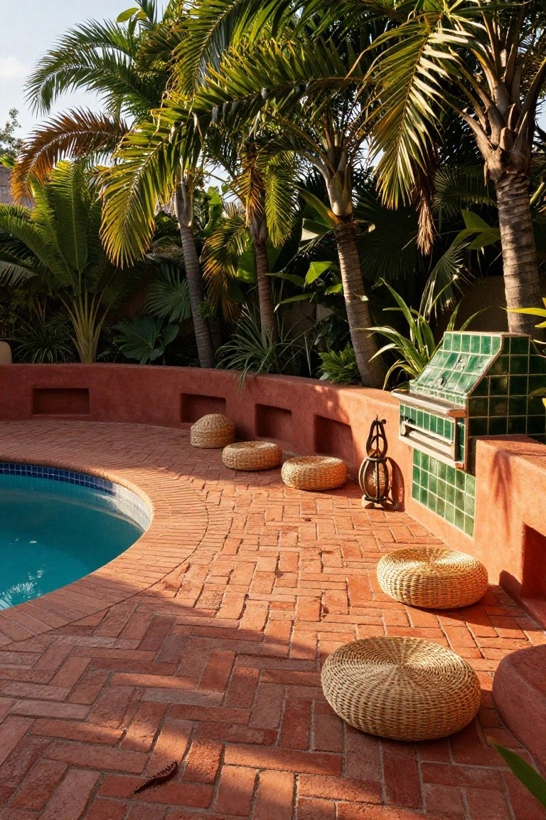 Curved terracotta wall with recessed niches containing woven poufs surrounds a round turquoise pool edged in brick pavers, with a green-tiled barbecue grill built into the wall and tropical palms and plants in the background.