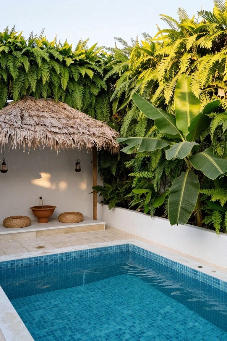 A small square pool with turquoise mosaic tiles next to a white open-air cabana topped with thatched roof, featuring two hanging lanterns, a terracotta basin with running water on a platform with two woven stools, surrounded by dense green ferns and banana plants against white walls.