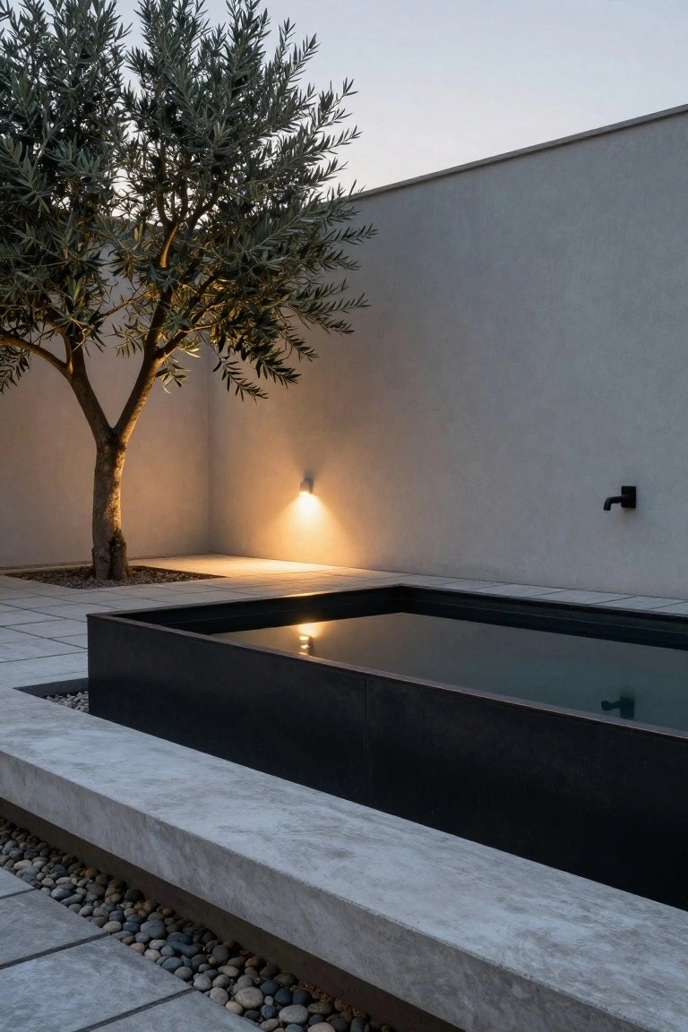 Rectangular black stock tank pool integrated into a concrete courtyard patio with an olive tree in a raised bed, pebble edging, wall-mounted light, and spigot on a light gray wall at dusk.
