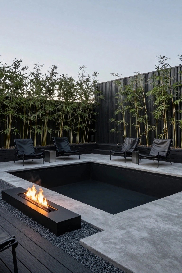 Modern outdoor patio with fire pit, black lounge chairs, and bamboo plants.