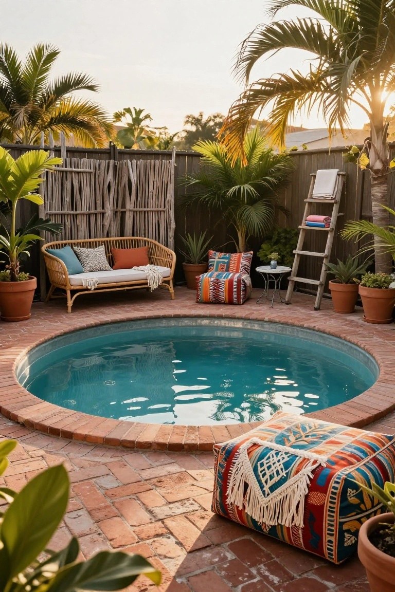 Round turquoise stock tank pool set in brick pavers surrounded by rattan loveseat with cushions, colorful poufs, potted plants, palms, and a wooden ladder with towels against a backyard fence at sunset.