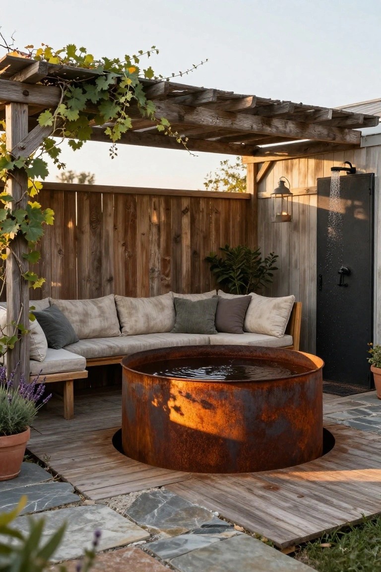 Outdoor deck area featuring a large rusted metal stock tank pool sunk into the wooden floor, encircled by a curved bench with beige and gray cushions, under a wooden pergola covered in green vines, adjacent to a dark wooden fence, plants, and an outdoor shower.