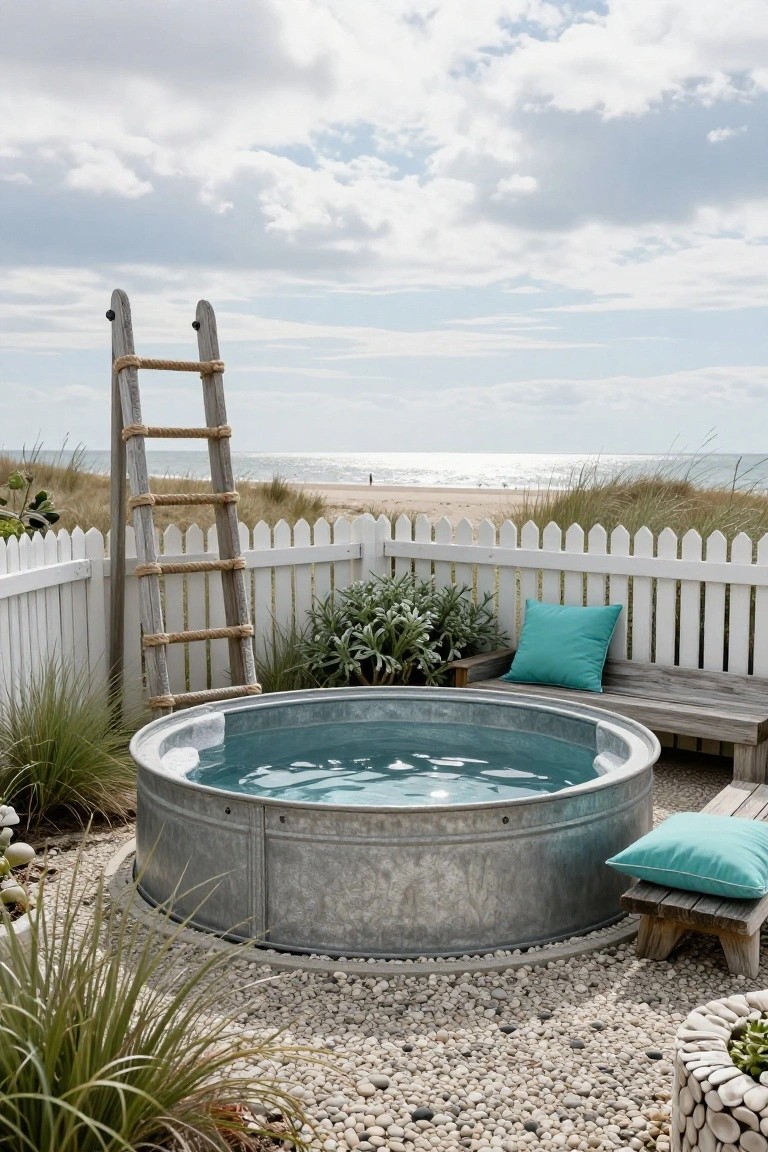Galvanized stock tank pool filled with turquoise water, wooden ladder with rope wrapping, turquoise cushions on wooden bench, white picket fence, beach grasses, gravel ground, and ocean beach view in background.