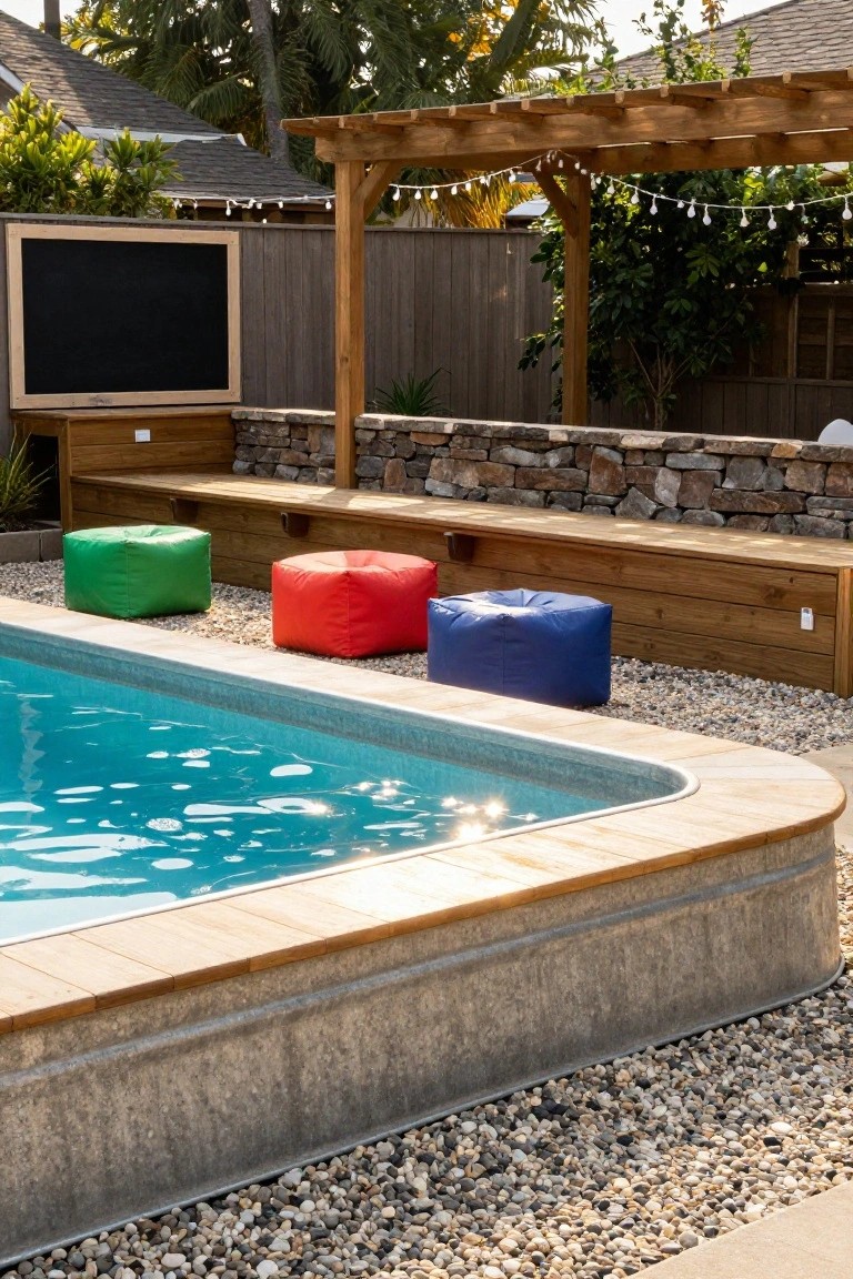 Galvanized stock tank pool with wooden edging, surrounded by colorful cube poufs in green, orange, purple, and blue on gravel ground, next to a wooden bench and pergola with string lights.
