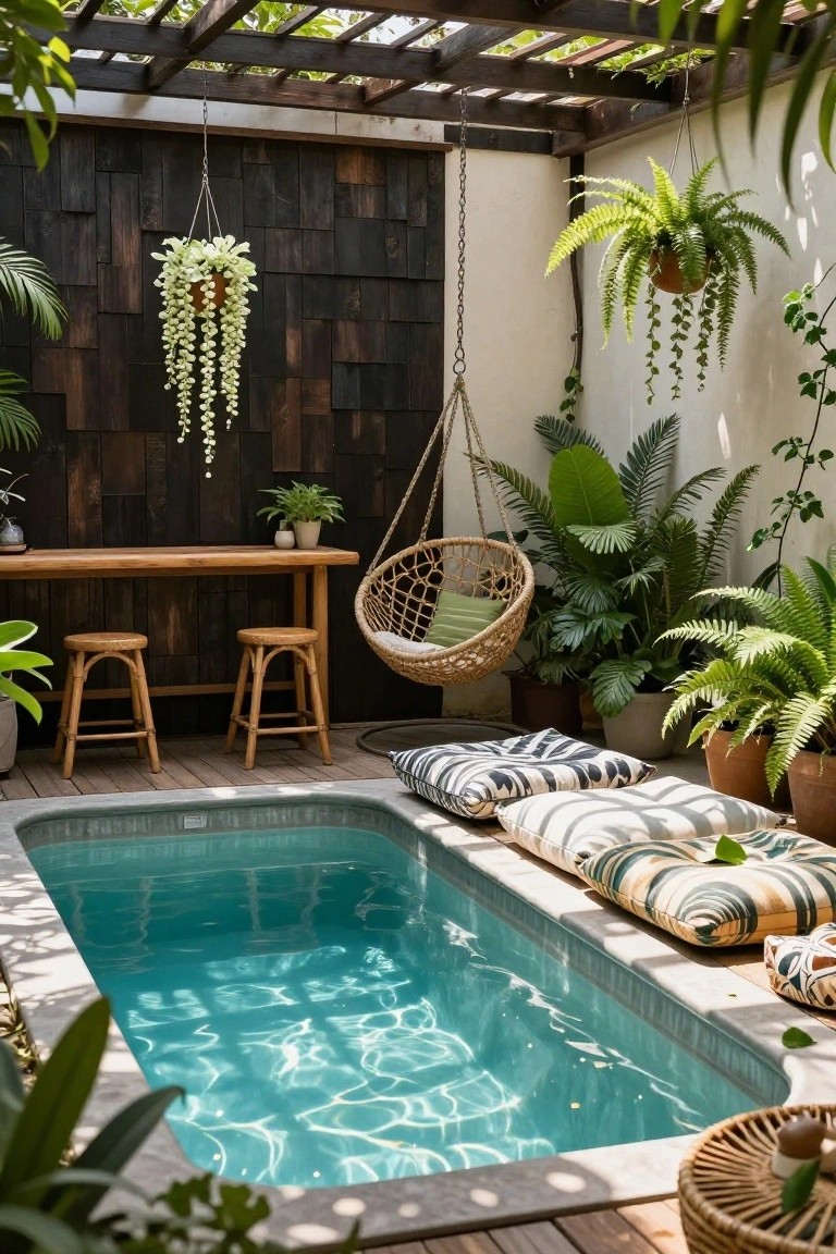 Small turquoise rectangular plunge pool in a shaded outdoor courtyard with dark wood paneled walls, lush tropical plants and hanging ferns, a wooden bar table with stools, a woven hanging egg chair with green and patterned cushions, and potted plants around the edges.