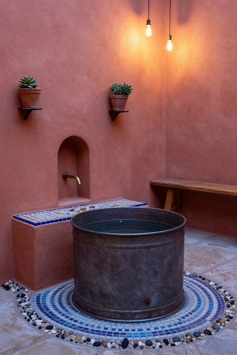 Large galvanized metal stock tank filled with water on a blue and white mosaic tile platform in a pink stucco-walled outdoor corner, with a brass wall faucet, pebble surround, wooden bench, wall-mounted succulents, and hanging bulb lights.