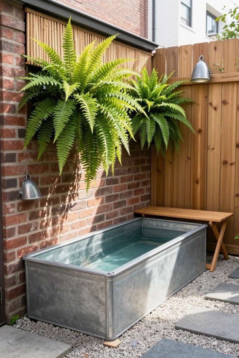 Galvanized stock tank filled with water as a pool in a backyard corner, against a brick wall and wooden fence with hanging ferns, gravel and paver ground cover, and metal outdoor lights.