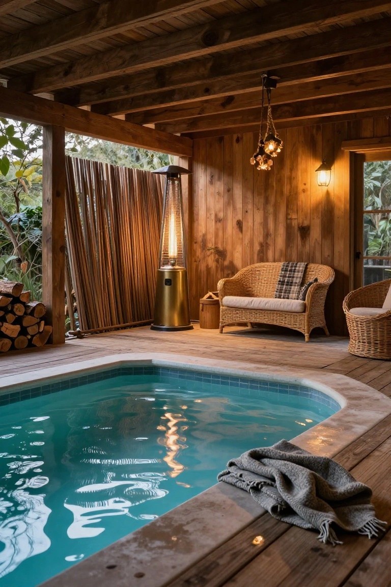 Wooden deck area with small turquoise pool, rattan loveseat and chair with blankets, gold patio heater, hanging lanterns, bamboo screens, and timber ceiling and walls.