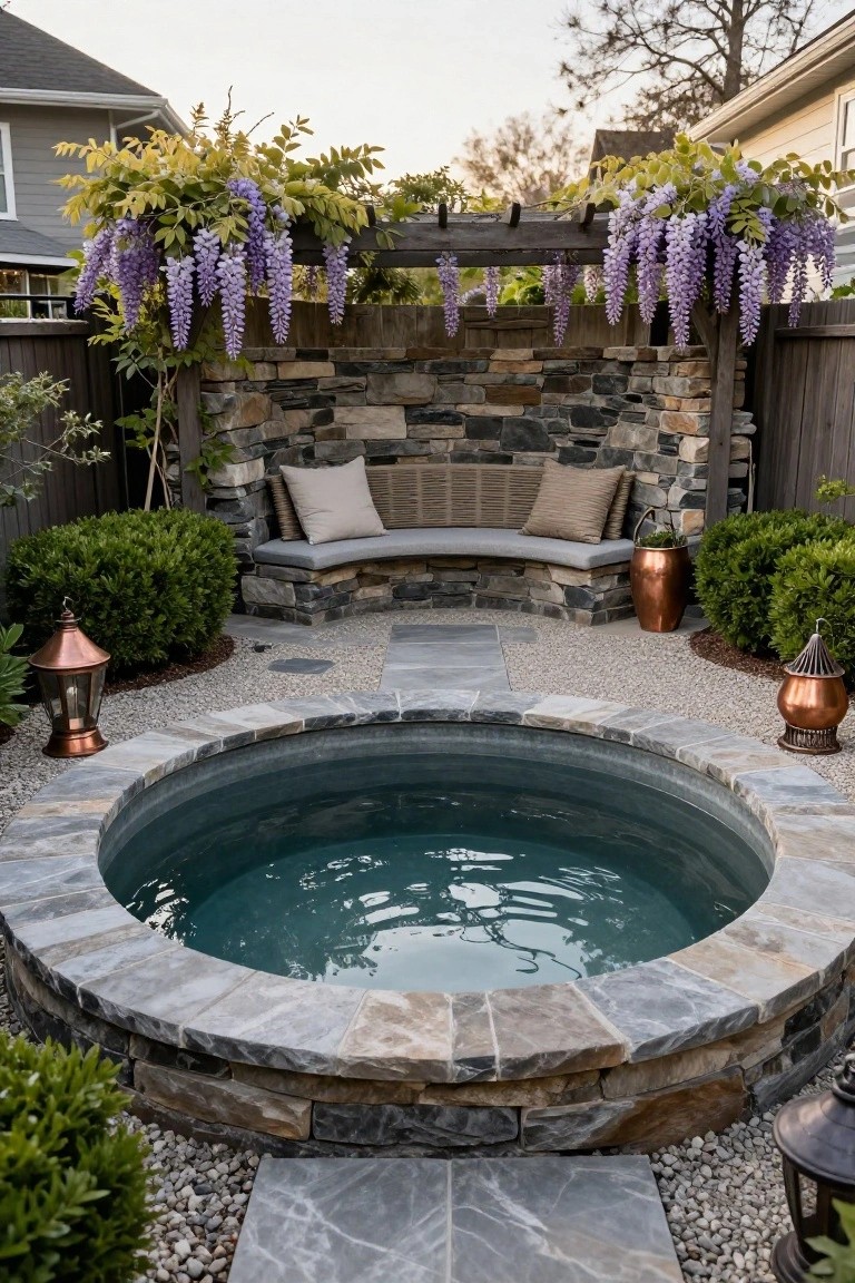 Circular hot tub with gray stone surround and edging in a gravel backyard area, with copper lanterns, boxwood shrubs, stone bench against rock wall, and wisteria vines on wooden pergola overhead.