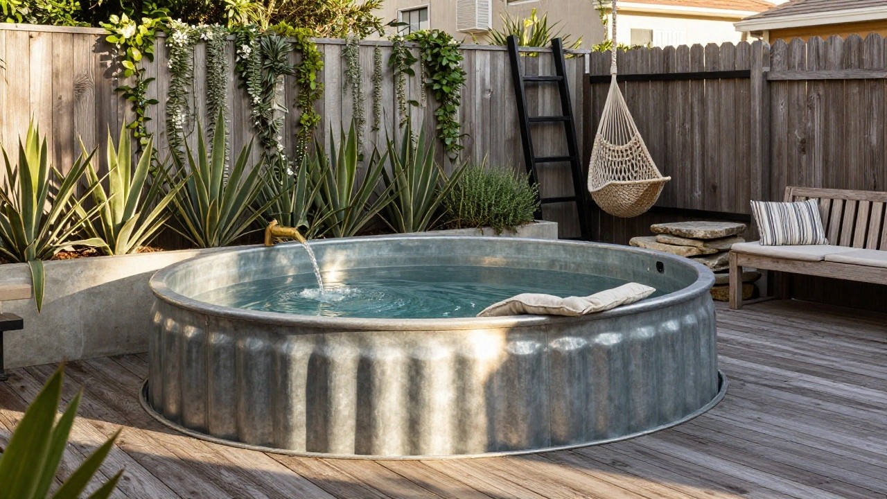Large galvanized metal stock tank used as an outdoor pool in a backyard enclosed by wooden fence, with water pouring from a brass faucet, black ladders leaning against it, agave plants around the base, stone steps on a wooden deck, and a striped hammock chair nearby.