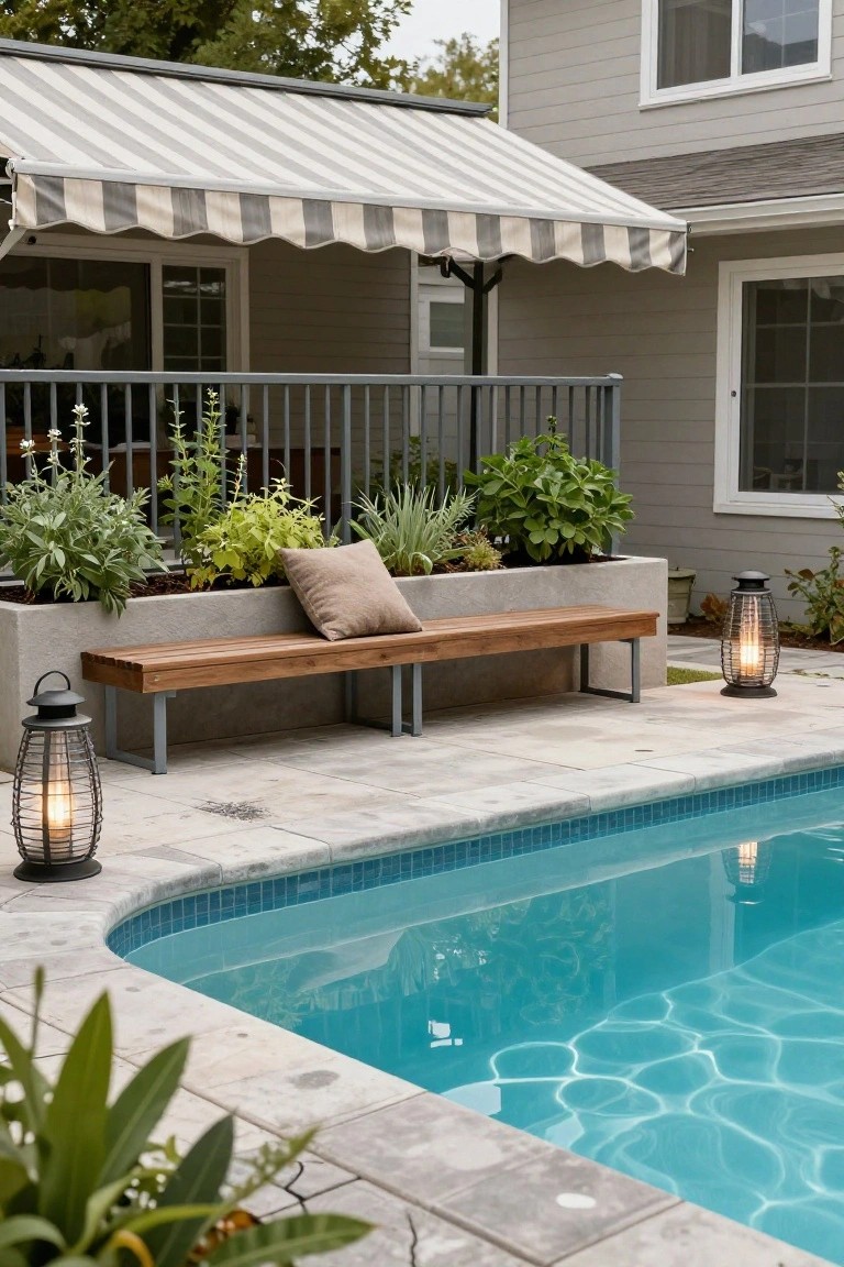 Wooden bench with gray metal legs on concrete pavers next to a curved turquoise pool, backed by raised concrete planter with assorted green plants, flanked by two black lantern lights, striped awning overhead from gray house exterior.
