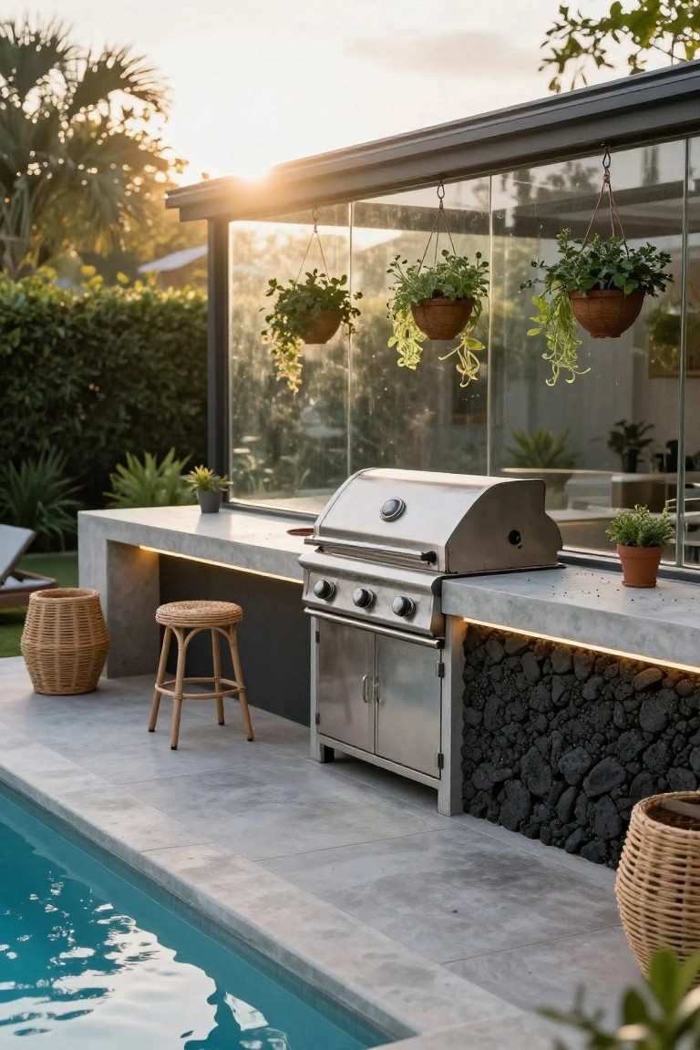 Stainless steel grill built into a concrete countertop with lava rock backing and a rattan stool beside a turquoise pool edged in tile, under a glass-roofed structure with hanging plants.