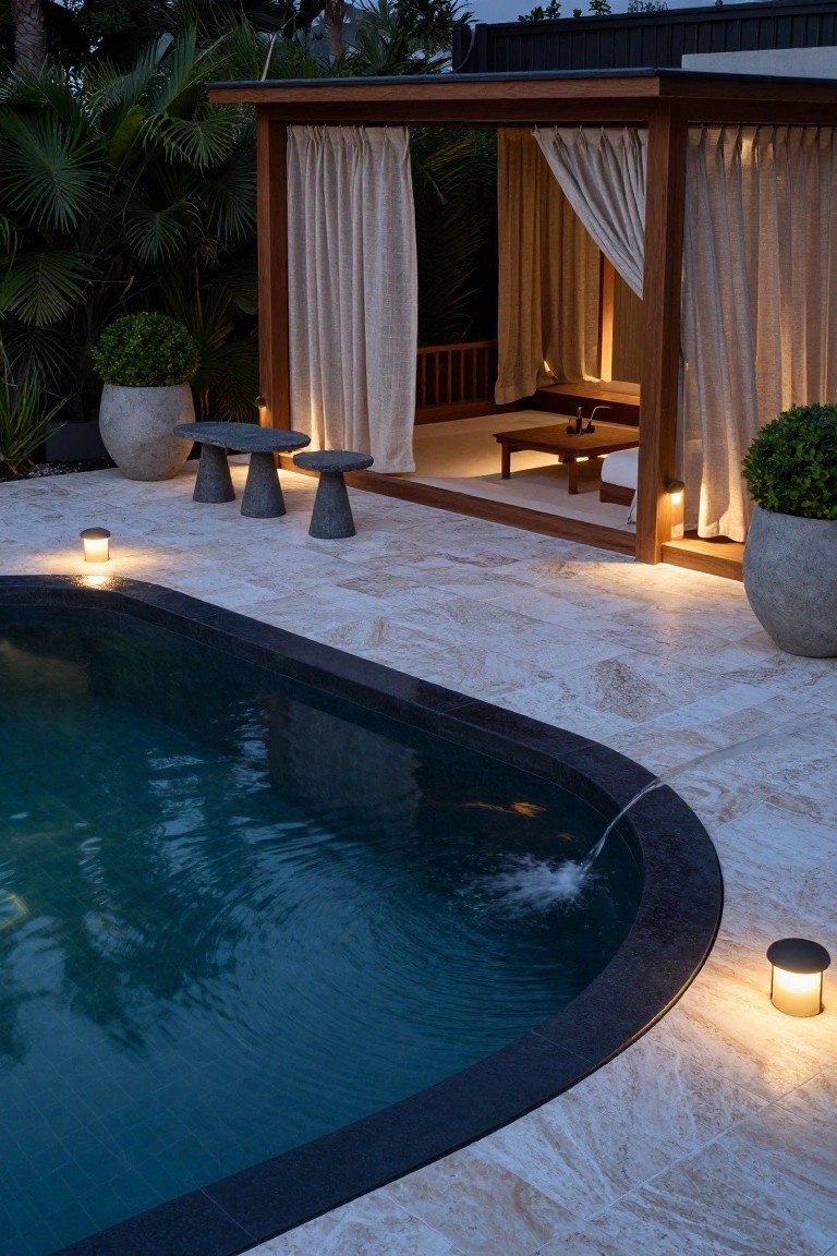 Curved dark-rimmed pool with blue water and fountain on travertine tile deck at dusk, adjacent to open wooden pavilion with beige curtains, low basalt stools and table, potted plants, and ground lights.