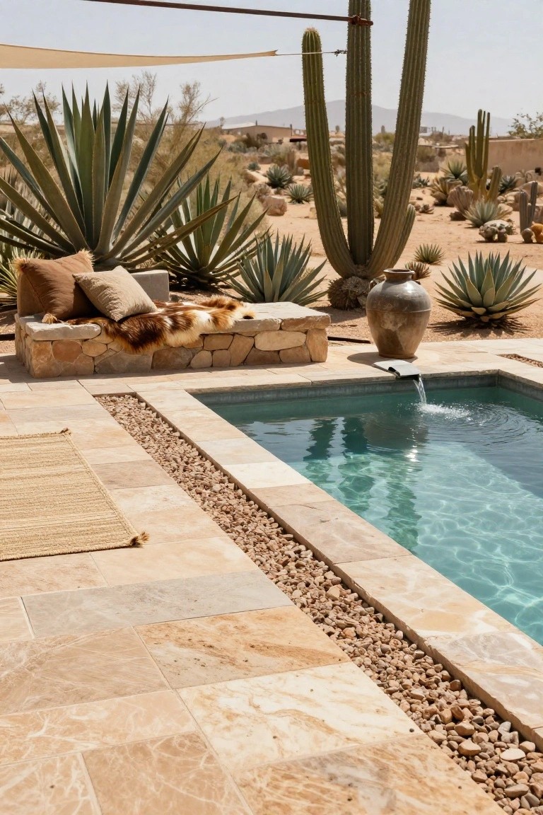 Small rectangular pool with turquoise water and stone waterfall edge on a beige tiled patio edged with pebbles, next to a low stone bench piled with beige cushions and a brown fur throw amid desert plants and cacti.