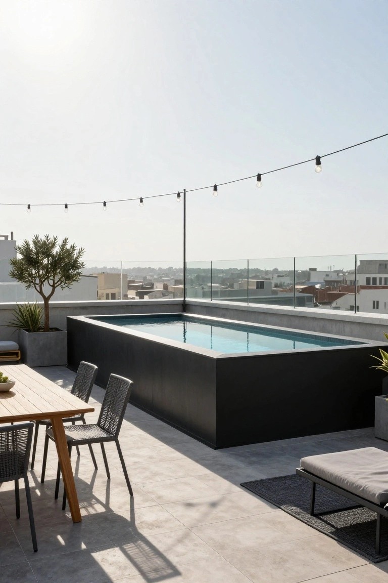 Rooftop terrace with rectangular black-lined swimming pool, wooden dining table and woven chairs, lounge chair, potted olive tree and plants, string lights, glass railing, and distant city buildings under blue sky.
