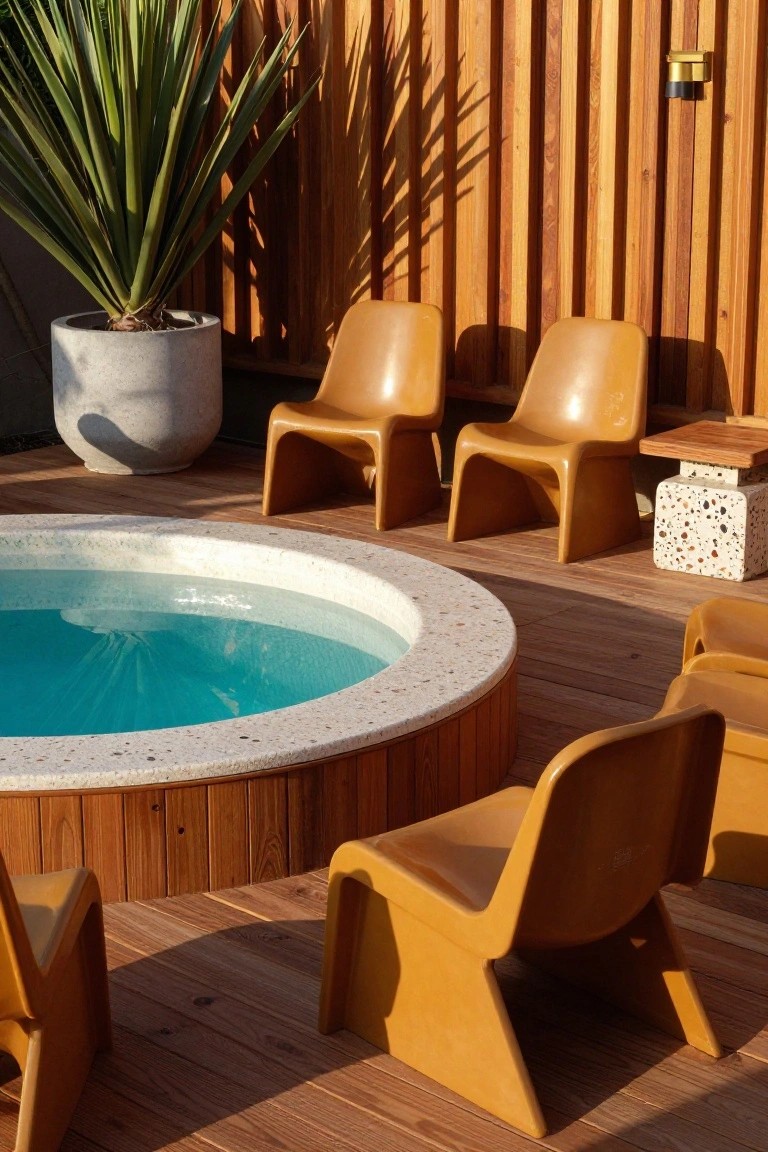 Circular turquoise hot tub embedded in a wooden deck surrounded by orange molded plastic chairs, a large potted yucca plant, wooden fencing, and a small side table.