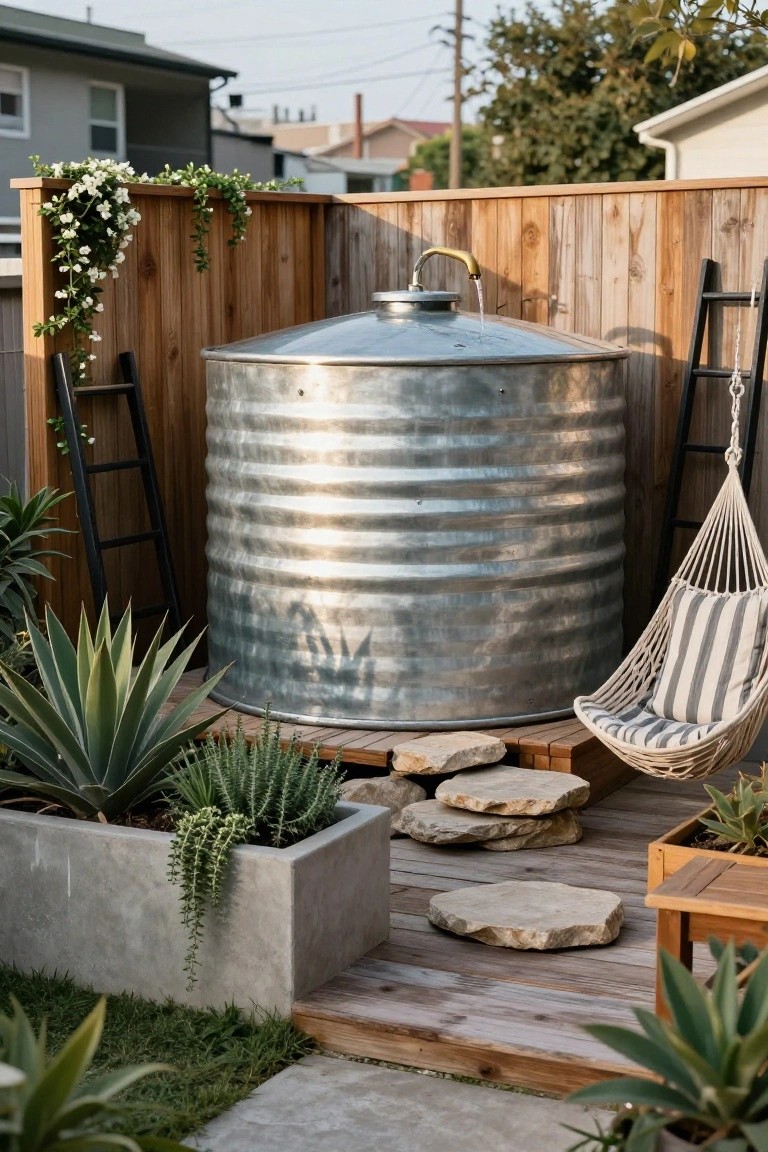 Large galvanized metal stock tank used as an outdoor pool in a backyard enclosed by wooden fence, with water pouring from a brass faucet, black ladders leaning against it, agave plants around the base, stone steps on a wooden deck, and a striped hammock chair nearby.
