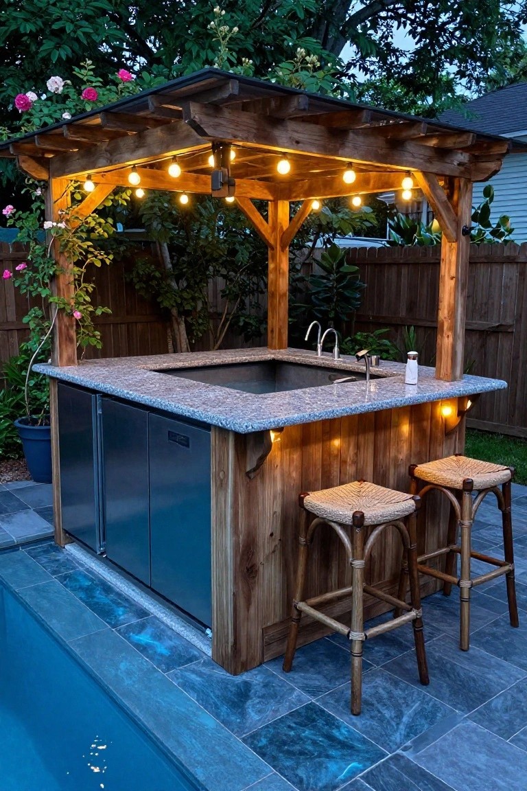 Wooden pergola with string lights over a granite bar top with sink and faucets, stainless steel fridge below, rattan bar stools, next to a blue pool on tiled deck with plants and fence.